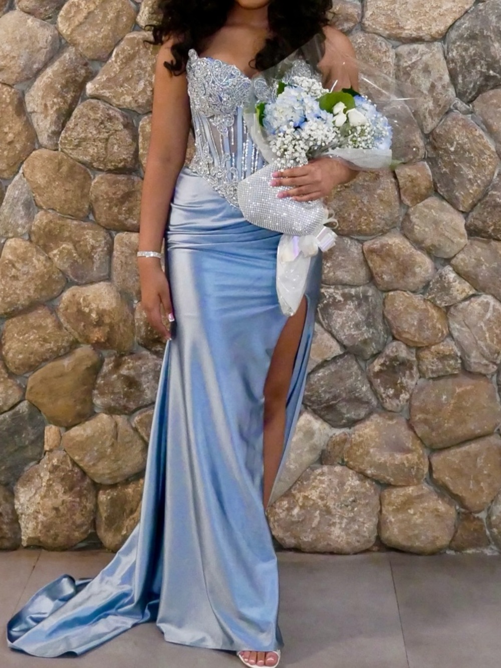Light Blue Satin Prom Dress Corset Gown Slit Formal Dress Size 6